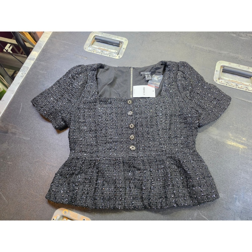 Forever 21 Black Tweed Peplum Top Short Sleeve Square Neck Metallic Woven M